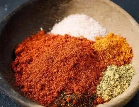 A bowl of homemade chili seasoning with various spices and herbs used in cooking.