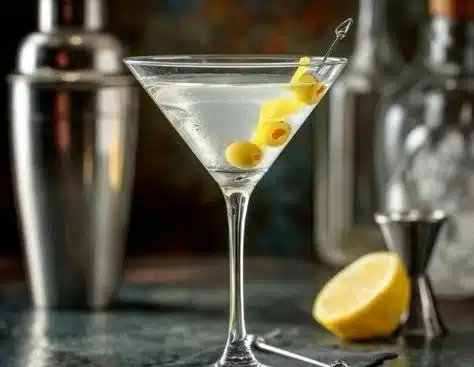 Homemade gin martini with lemon twist and olives on a wooden bar