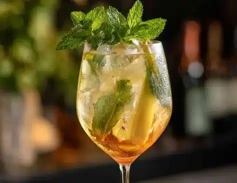 A refreshing Hugo Spritz cocktail served in a glass with mint and lime.