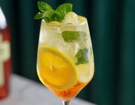 Glass of Hugo Spritz cocktail with elderflower and mint garnish.