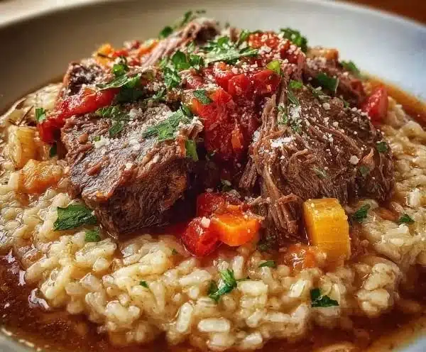 Delicious Italian Pot Roast served with creamy Parmesan Risotto on a plate