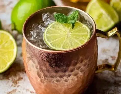 Kentucky Mule cocktail with bourbon, ginger beer, and lime garnish