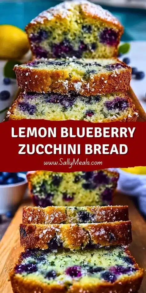 Lemon Blueberry Zucchini Bread freshly baked and sliced on a wooden board
