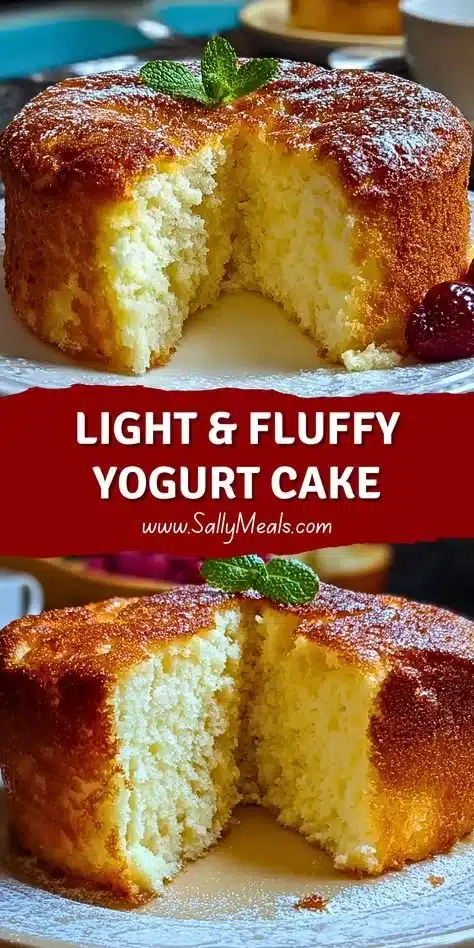 Light and fluffy yogurt cake topped with fresh berries and whipped cream