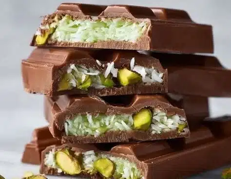 Luxurious homemade chocolate bars with pistachios and tahini on a marble surface.