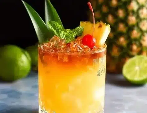 A refreshing Mai Tai cocktail garnished with mint and lime, served in a tropical setting.