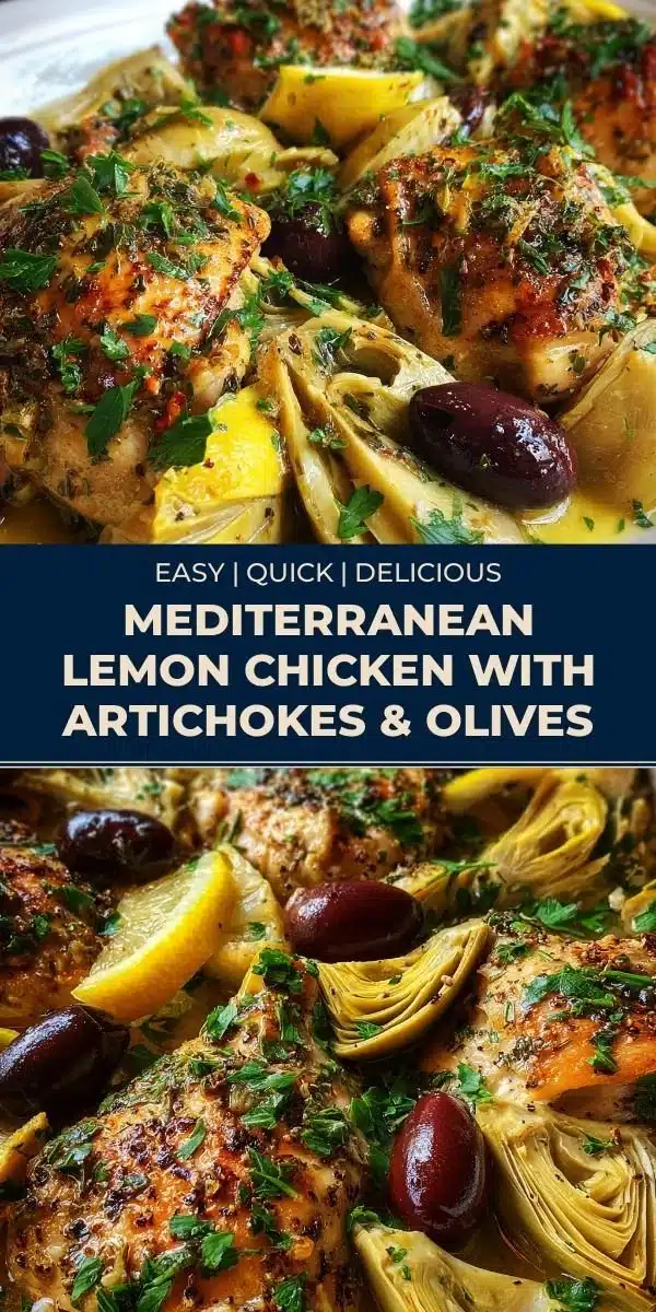 Mediterranean Lemon Chicken with artichokes and olives served on a plate.