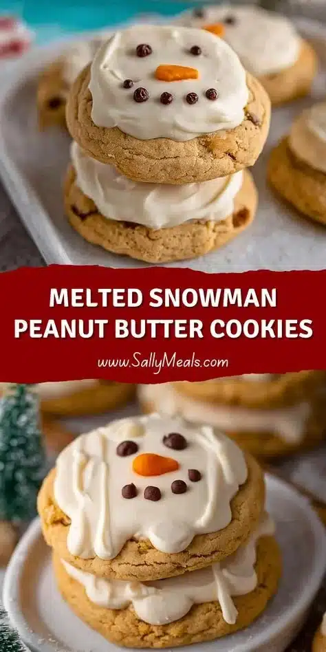 Decorated Melted Snowman Peanut Butter Cookies on a festive plate