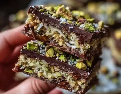 Delicious Middle Eastern chocolate pistachio dessert garnished with pistachios