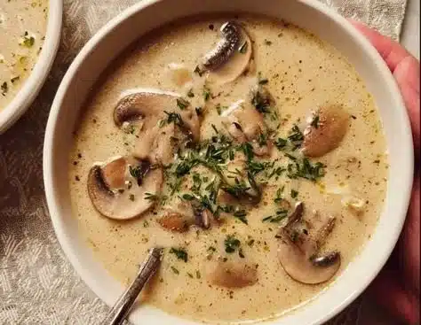 Bowl of creamy mushroom soup garnished with fresh herbs and mushrooms