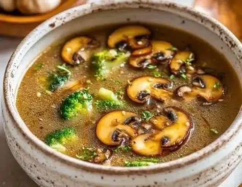 A bowl of creamy mushroom soup garnished with herbs.