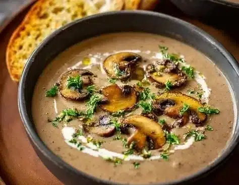 Bowl of creamy mushroom soup garnished with fresh herbs