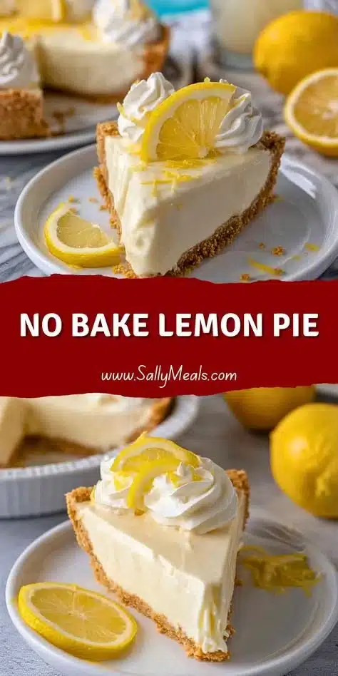 No bake lemon pie topped with fresh lemon slices and whipped cream