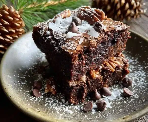 Delicious pine cone brownies served on a rustic plate.