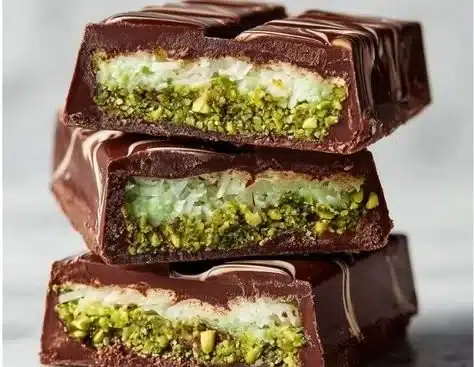 Delicious pistachio-chocolate dessert garnished with nuts