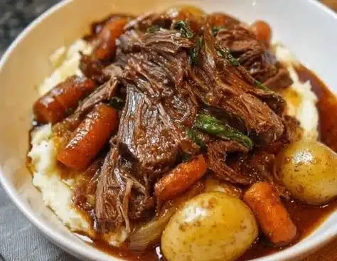 Pot Roast 9 Delicious homemade pot roast with vegetables in a serving dish.