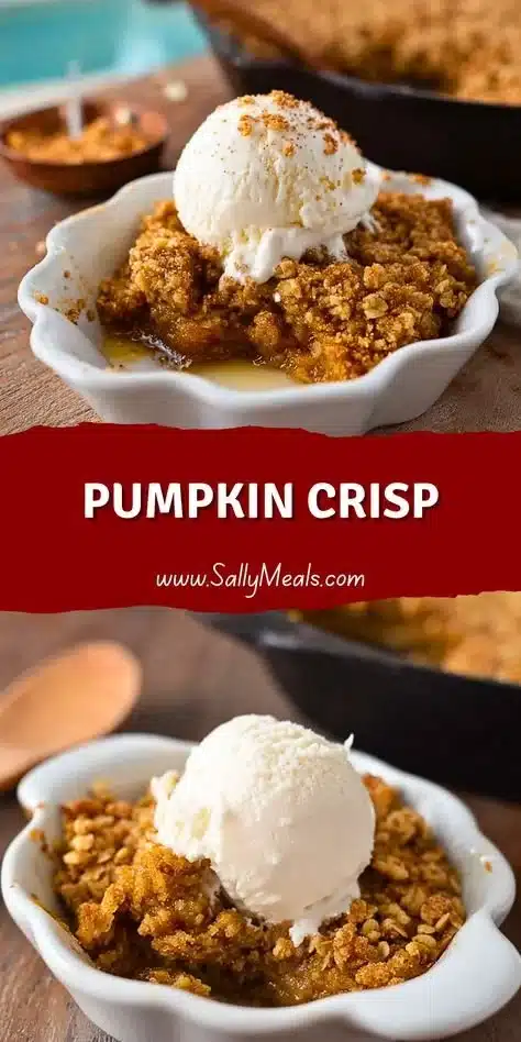 Delicious homemade Pumpkin Crisp served in a baking dish with a crunchy topping.