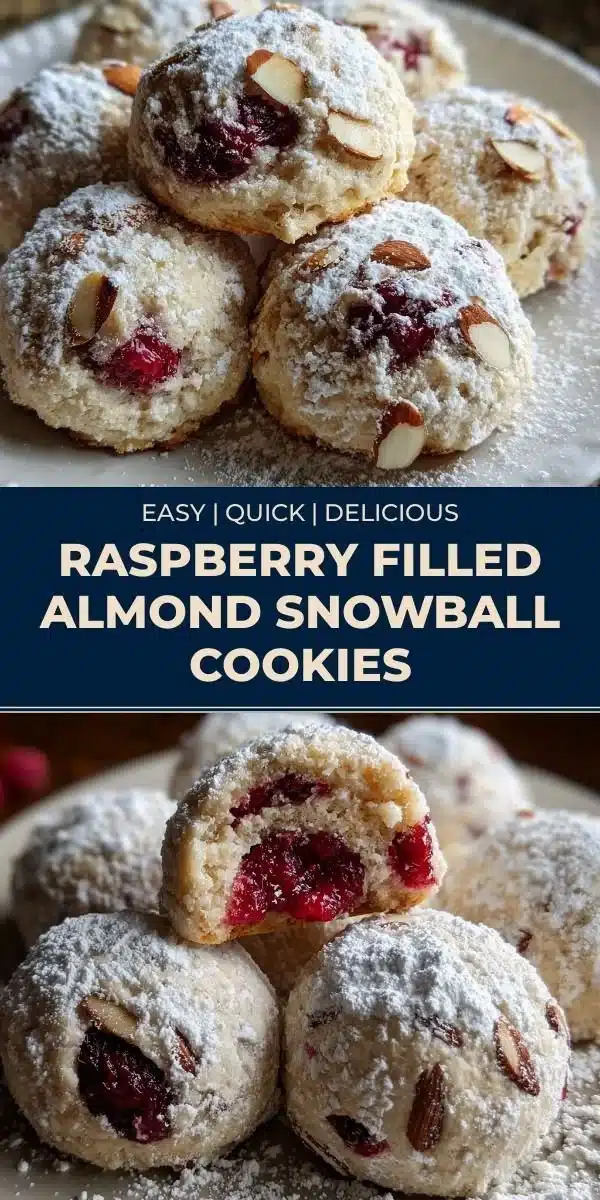 Raspberry filled almond snowball cookies dusted with powdered sugar