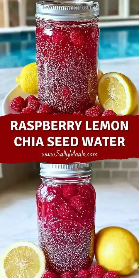 A refreshing glass of raspberry lemon chia seed water garnished with fresh berries.