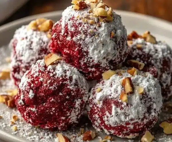 Delicious red velvet snowballs decorated with white icing and sprinkles.