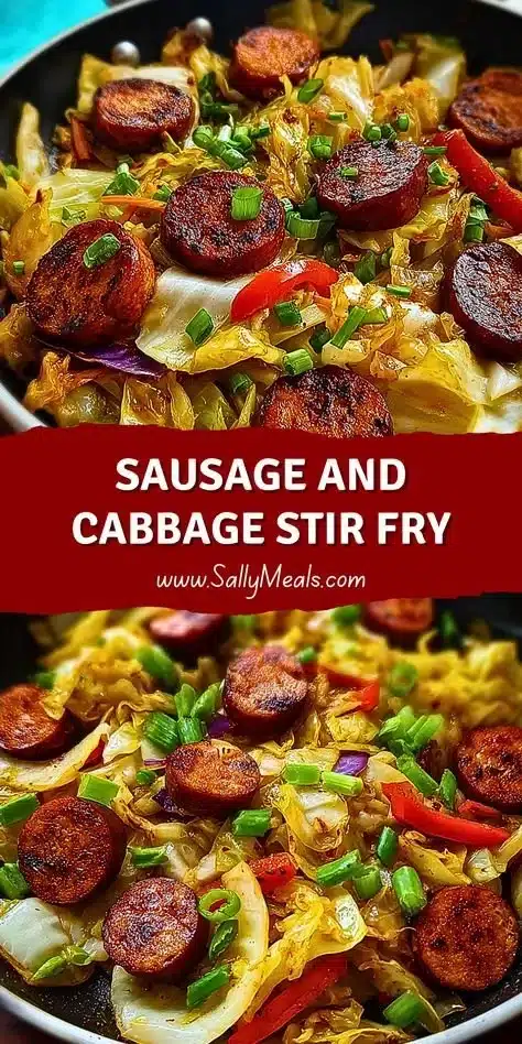 Sausage and Cabbage Stir Fry in a pan with colorful vegetables