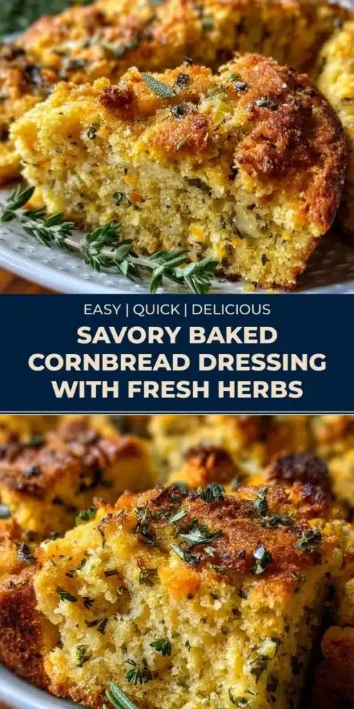 Savory baked cornbread dressing topped with fresh herbs