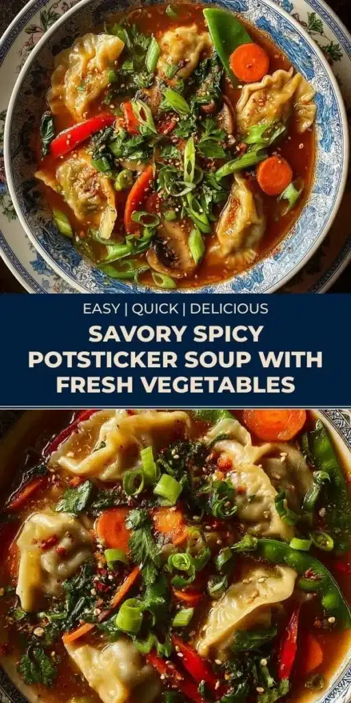 Savory spicy potsticker soup with fresh vegetables in a bowl