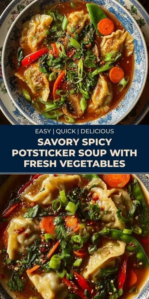 Savory spicy potsticker soup with fresh vegetables in a bowl
