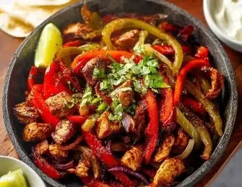 Delicious simple griddle fajitas with colorful vegetables and grilled meat.