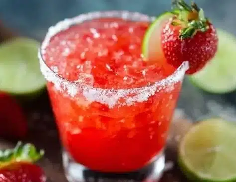 A refreshing glass of simple margaritas with lime garnish on a wooden table.