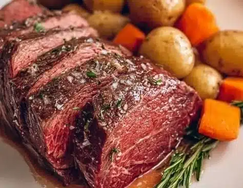 Slow-braised chuck roast served with vegetables and gravy