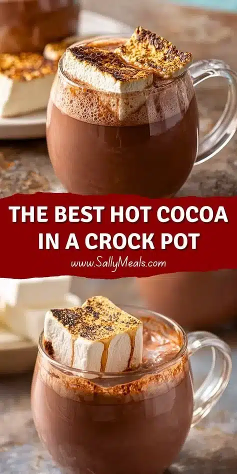 Slow-cooked hot cocoa in a mug with marshmallows on top