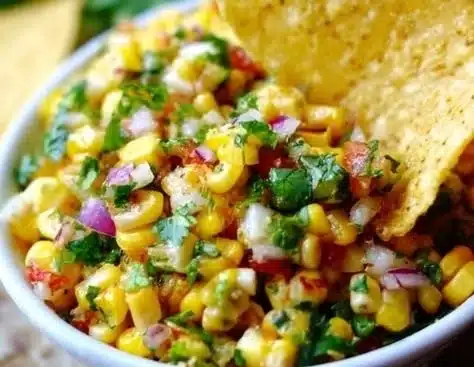 Smoky Chipotle Corn Salsa 8 Delicious Smoky Chipotle Corn Salsa in a bowl, garnished with fresh cilantro.