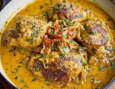 Deliciously prepared smothered chicken with rich gravy and herbs