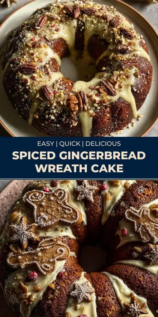 Spiced Gingerbread Wreath Cake decorated with icing and festive toppings