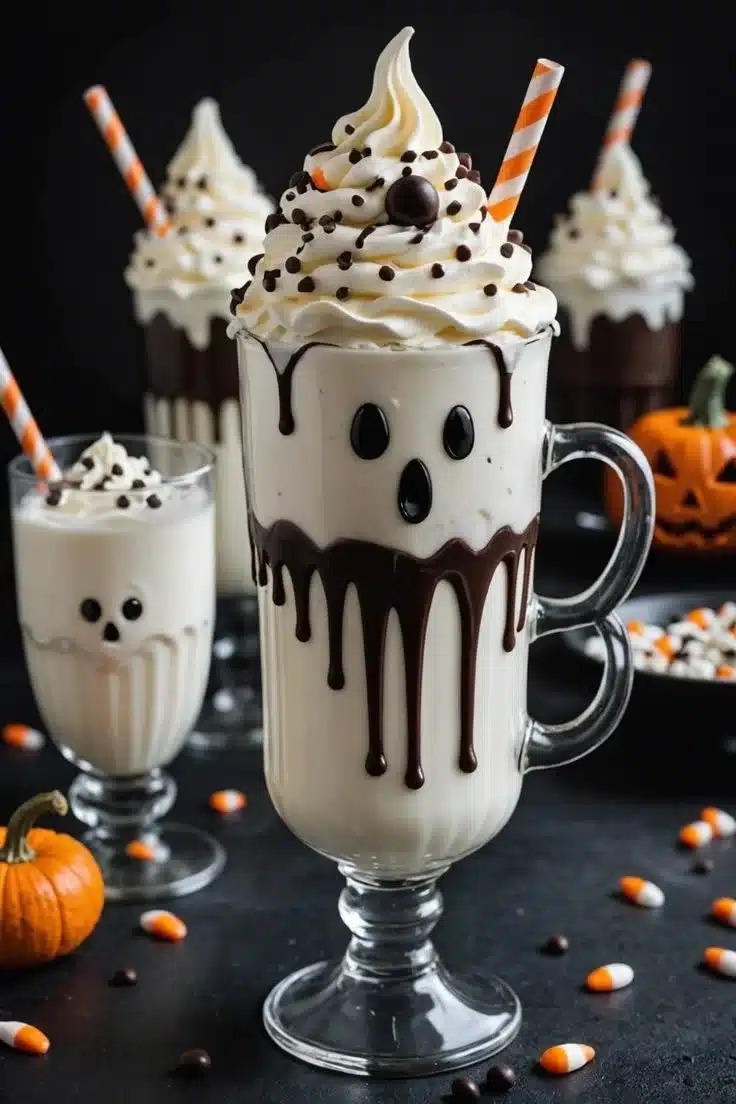 Spooky Ghostly Vanilla Milkshake topped with whipped cream and ghost decorations.