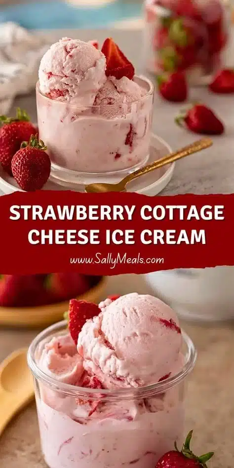 Bowl of strawberry cottage cheese ice cream topped with fresh strawberries