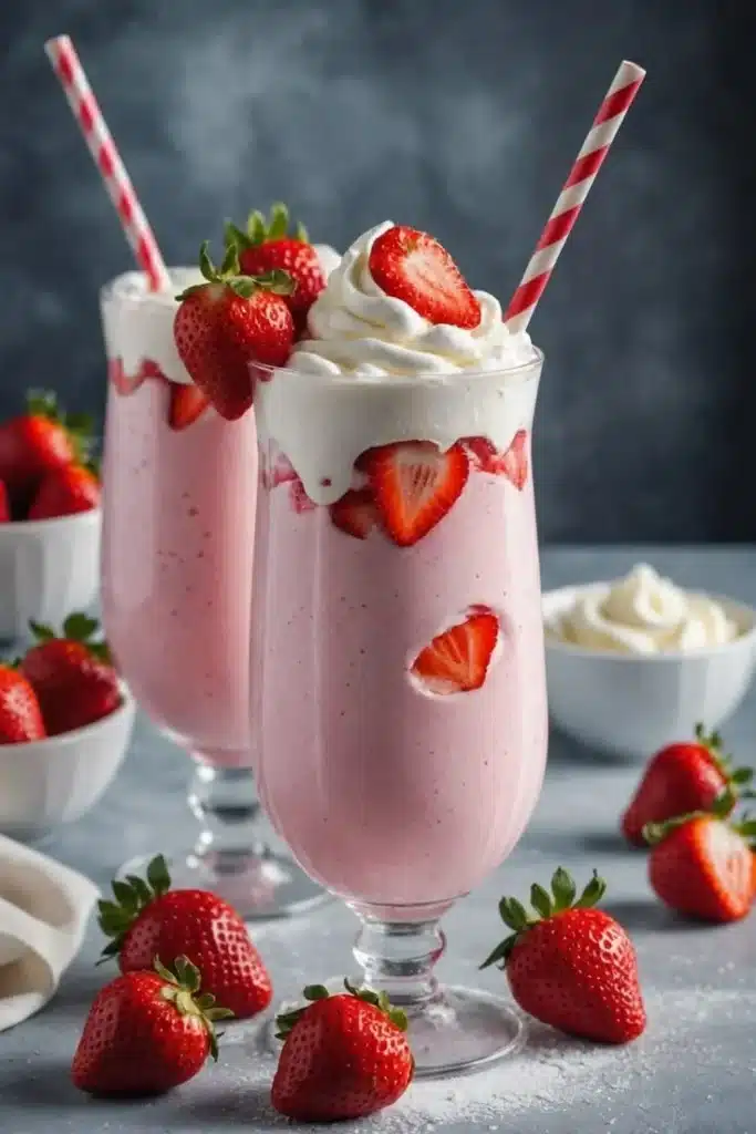 Delicious strawberry milkshake in a glass topped with whipped cream and strawberries.