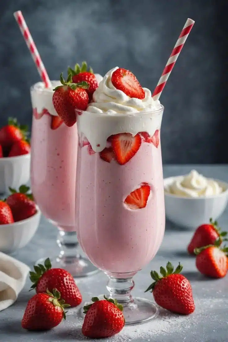 Delicious strawberry milkshake in a glass topped with whipped cream and strawberries.