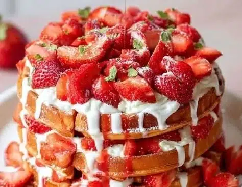 Delicious strawberry waffles topped with fresh strawberries and syrup.