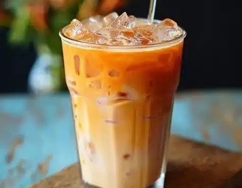 Glass of Thai Iced Tea with orange color and creamy milk layer on top.