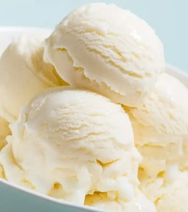 Delicious homemade vanilla ice cream in a bowl with a scoop and sprinkles