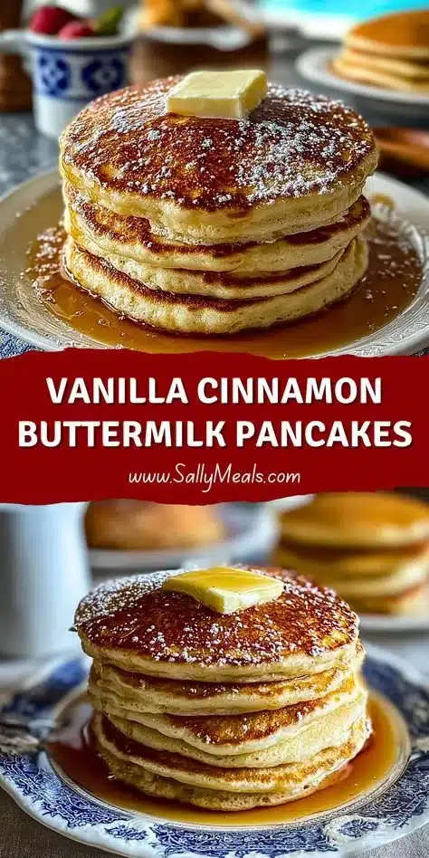 Fluffy Vanilla Cinnamon Buttermilk Pancakes stacked on a plate