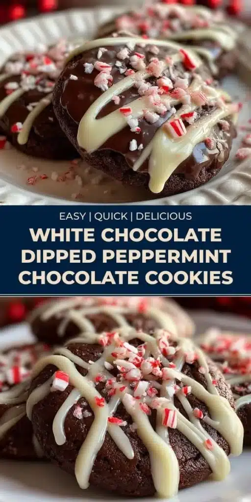 White chocolate dipped peppermint chocolate cookies on a festive plate