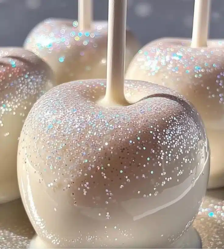 Delicious white sparkle candy apples with festive decoration