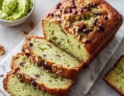 Sliced avocado bread with toppings on a wooden board