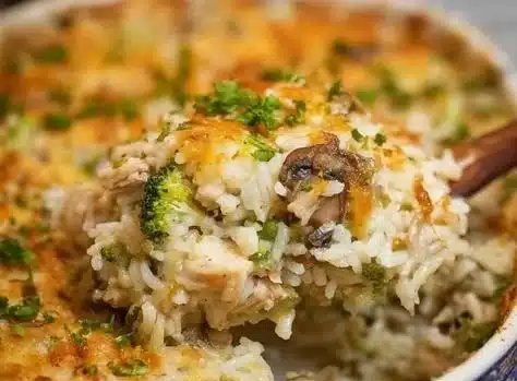A hearty Chicken Rice Casserole dish served in a baking dish.