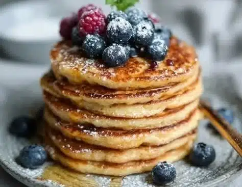 Fluffy cottage cheese pancakes served with syrup and berries