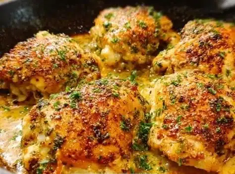 Crispy baked chicken thighs served with a side of vegetables