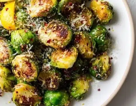 Plate of crispy roasted Brussels sprouts garnished with herbs